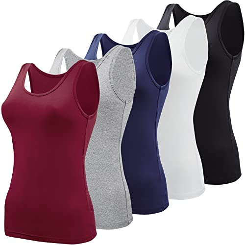 BQTQ 5 Pcs Tank Tops for Women Undershirt Sleeveless Vest Tops for Women and Girls (Black, White, Grey, Dark Red, Navy, S)