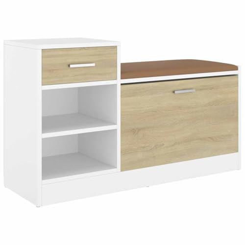 vidaXL Schuhbank Schuhschrank Sitzbank Schuhablage Schuhregal Schuhaufbewahrung Schuhständer Schuhkipper Weiß Sonoma-Eiche 94,5x31x57cm Holzwerkstoff
