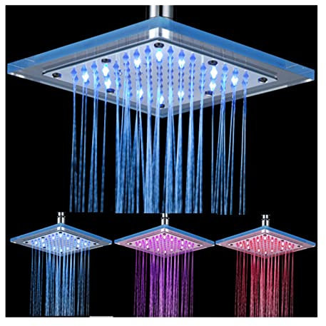 Ksunun Alcachofa de Ducha LED de 8 Pulgadas Cabezal de Ducha Lluvia LED de Alta Presión Rociador de Ducha de Lluvia de Cuadrado con Jets de Silicona Control de Temperatura 3 Cambio de Color