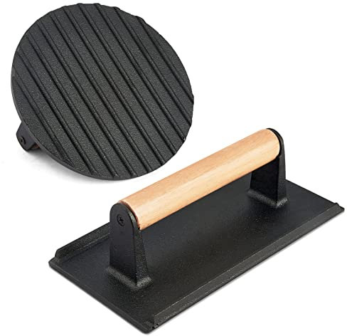 HaSteeL 2Pcs Cast Iron Bacon Press, Smash Burger Press for Teppanyaki Flat Top Griddle, Heavy Duty Round 7In & Rectangular 8x4In Grill Press, Perfect for BBQ Meat, Paninis, Tortilla, Steak, Sandwich