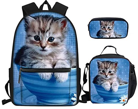 NETILGEN Lot de 3 sacs d'école de grande capacité avec sac à déjeuner à bandoulière, trousse à crayons, sac à dos léger pour adolescent, Mug Chat