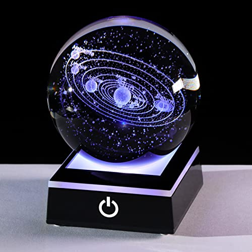Bola del sistema solar 3D de cristal K9 de 3.15 pulgadas con base de luz LED negra colorida, grabado del sistema solar estrella planeta, adornos de modelo de planeta, regalos de astronomía del