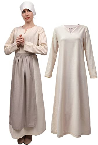 FURPHI Damen Medieval Linen Underdress Mittelalterliches Unterkleid aus Leinen