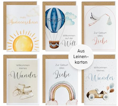 6x Karten zur Geburt aus Leinenkarton - verschiedene Motive - inklusive Briefumschlägen aus Kraftpapier - modernes Design