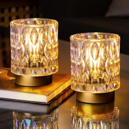 MJ PREMIER Tischlampe Kabellose 2er Set Pearl Nachttischlampe mit Timer | Kristall-Optik Tischleuchte Batteriebetriebene LED Lampe Für Wohnzimmer, Schlafzimmer,Notbeleuchtung bei Stromausfall