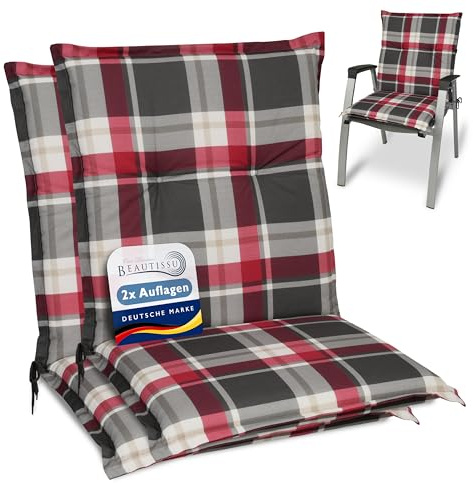 Beautissu 2er Set Niedriglehner Auflagen für Gartenstühle Polster kariert | 100x50cm Bordeaux bequeme Gartenstuhl Stuhlkissen Polsterauflagen UV-Lichtecht Gartenstuhlauflagen Sunny RK