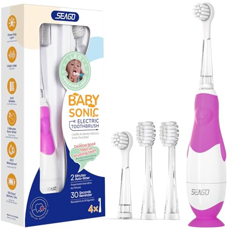 Seago Baby Electric Toothbrush, Children's Power Toothbrushes with 4 Brush Heads and Led Light, 2-Min Timer for Children Aged 0-3 Years, Penguin Shape Design SG513 (Rose Pink)