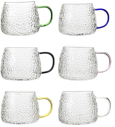 YMYL Set di 6 Tazzine da Caffè in Vetro con Manico Colorato, Bicchieri da Tè Trasparenti da 400 ml, per Bevande CaldeFredde, Set di Bicchieri Vintage per Caffè, Latte, Cioccolata Calda, Tè, Succo di