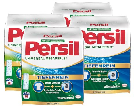 Persil Universal Megaperls 64 tvättladdningar (4 x 16 WL), fulltvättmedel med djupren teknik, rengöringsmedel för ren tvätt och hygienisk friskhet för maskinen, 20 °C till 95 °C