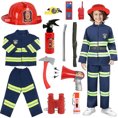 Costume da Pompiere per Bambini, 13pcs Giochi di Ruolo, Costumi di Halloween, Giocattolo 6-8 Anni per Feste in Maschera, Esercitazioni Antincendio, Scuola e Casa (130 cm)