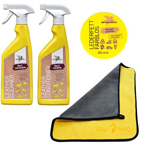 EQUIPASO Lederpflege Set | B&E Lederreiniger 500 ml + B&E Leder Conditioner 500 ml + B&E Lederfett farblos 250 ml + Premium Mikrofasertuch | reinigt und pflegt Sättel, Zaumzeug