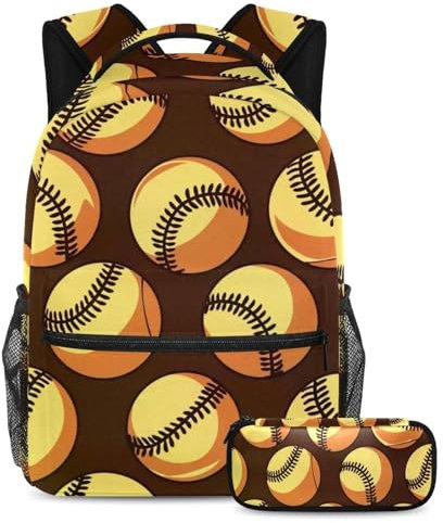 Rucksack mit Federmäppchen, 2-teiliges Schultaschen-Set für Jungen, Mädchen, Teenager, Reisebuchtasche für Studenten, handbemalt, brauner Softball, Handbemalter brauner Softball, Größe L