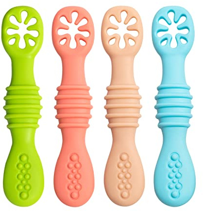 Set di cucchiai educativi per bambini, 100% silicone extra morbido, senza BPA, cucchiaio per l'alimentazione e dentizione per neonati e bambini, 4 mesi + cucchiaio per bambini (4 pezzi)