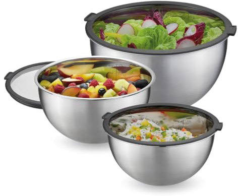 TOPANBIETER 999 6 teiliges Schüssel Set Edelstahl-Mixing Bowl Rührschüssel luftdichte Aufbewahrungsdeckel stapelbar, spülmaschinengeeignet, innenliegende Skalierung, 1, 2, 4,5l
