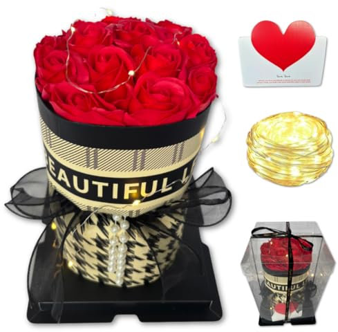 Regalo Rosa Ramo de rosas de lujo con luces LED en caja de regalo – Regalo de rosas eternas para esposa, novia, pelo – Perfecto para San Valentín, Navidad & Boda