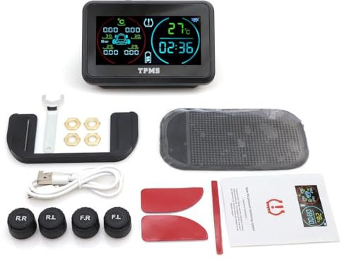 Avutrel Reifendruckkontrollsystem TPMS 0~6.5bar Reifendrucküberwachung USB-C Solar mit 4 Externen Reifendrucksensor 5 Alarmmodi, Echtzeit-LCD-Anzeige für Auto SUV Anhänger Van Wohnmobilen