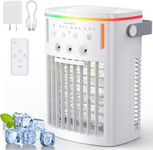 Portable Air Conditioners, ANGFA Evaporative Mini Air Conditioner Cooling Fan with 3-Speeds & 3-Level Humidify, 7-Color Night Light & 2-8H Timer, Personal Air Cooler for Bedroom Office Camping (White)