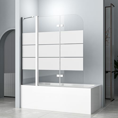 Duschwand für Badewanne 160 x 140 cm mit Festglas 3 teilige Gestreift Duschwand Badewannenaufsatz Faltbar Badewannen Duschabtrennung, 6 mm ESG Sicherheitsglas