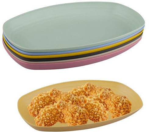 WakiHong 11 Inch Family Plates Set of 6 Large Dinner Plates 6 Color Plastic Plate Unbreakable Oval Plastic Plate,Lightweight,Dishwasher and Microwave Safe,for Salad,Pasta & Party