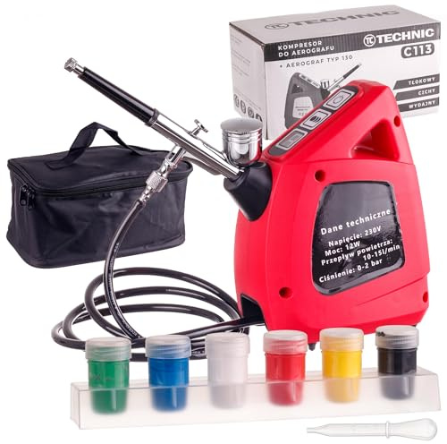 TC TECHNIC - C113 Airbrush Kompressor - Mini Aerograf Set - mit Düse 0,3 mm, Netzteil, 6x Farben, 1,1 m Schlauch, Double Action Steuerungstyp, Luftdurchfluss 10-15 l/min - Kolbenkompressor, Öl-frei
