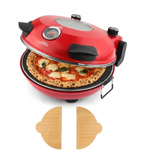YIBAKE Pizzaofen Elektrisch,Ø 31 cm, Glasierter Keramik-Pizzastein, Rot | Schwarzer Keramik-Pizzastein mit antihaftender Oberfläche | 1.200 W | Bis 420 °C | Inkl. Pizzaschieber