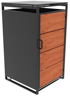 Copribidone Singolo da Esterno 120L in Acciaio Zincato, Box Copertura per 1 Cassonetto Immondizia, Pannelli Effetto Legno e Profili Neri, Salvaspazio Giardino - 58x60x105,5 cm