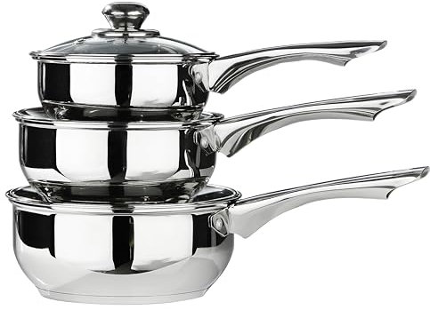 Premier Housewares Stainless Steel Saucepan Set, 3 Piece Set with Glass Lids,Silver,H14 x W40 x D26cm