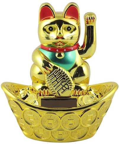Superfreak Glückskatze - Maneki-Neko - Winkekatze Solar - ovaler Sockel - 14 cm - Gold