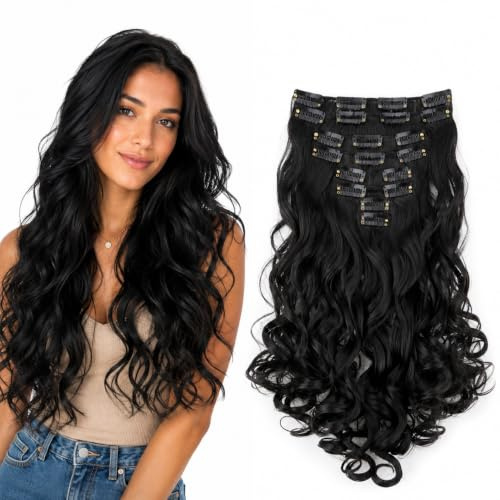 CAISHA XL 7er 45cm CLIP IN EXTENSIONS Haarverlängerung Schwarz CE1-1