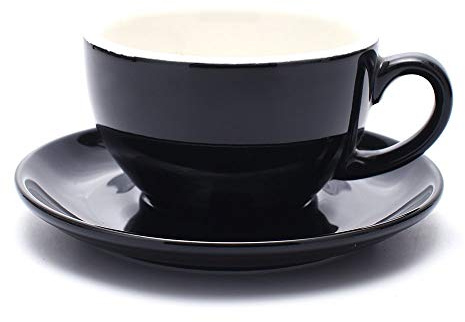 Coffeezone Latte Art Cup and Saucer for Latte & Cappuccino New Bone China, Mate for Coffee Shop and Barista (Glossy Black, 10.5 oz)