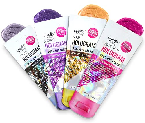 Epielle Hologram Peel Off Face Masks, Glitter Peel Off Mask, 4 Variety Pack (Single Use Testers), Beauty Gift, Gift Set, Spa Day