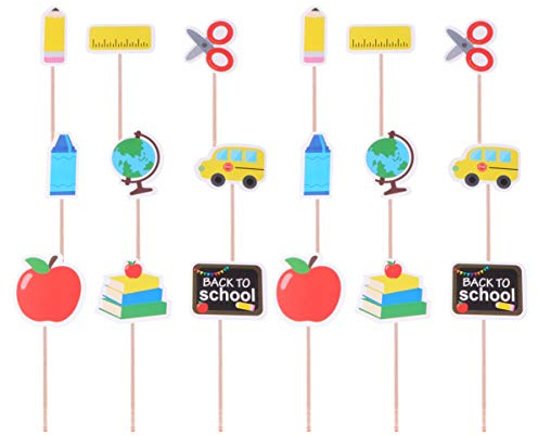 NUOBESTY 18Pcs Back to School Cake Decoration Flags School Bus Pen Ruler Shaped Dessert Cake Toppers for Party Gatherings and Festival Celebrations