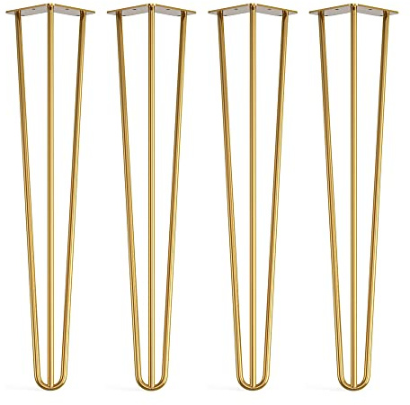 4 x Hairpin Legs with Floor Protector Feet & Screws - 61cm 3 Rod / 10mm, Gold Brass