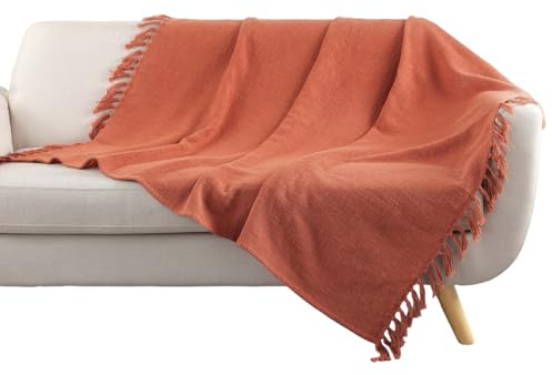 Douceur d'Intérieur, Plaid à Franges (125 x 150 cm) Zamina Terracotta, Coton Tissé