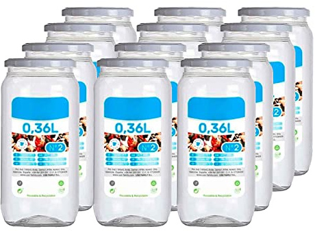 Acan Tradineur - Pack de 12 tarros de plástico Nº 2 - Incluyr Tapa metálica - Ideal para la conservación de Tus Alimentos - Capacidad de 0,36 litros - 13 x 6,5 cm