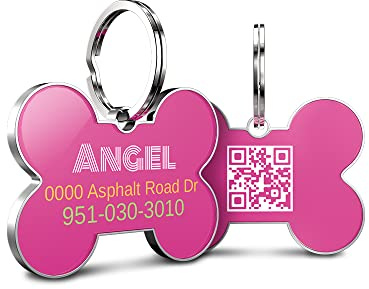 DISONTAG Hundemarke Personalisiert mit QR Code,28 * 42mm 2 Seiten Dog Id Tag mit SchlüSselring für Hundehalsband,Leichter zu Lesen als Gravur– Online|Modifizierbar|Colourful(Knochen)
