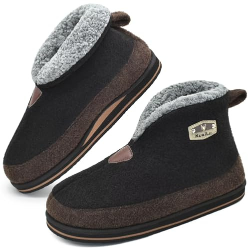 KuaiLu Mens Felt Winter Warm Boot Slippers Cosy Memory Foam Faux-Fleece Lined Bootie Slippers with Comfy Arch Support House Shoes Non-Slip Indoor Outdoor Hard Sole Black 8.5