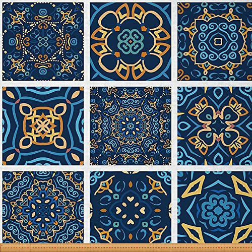 Boho Stoff Meterware Mandala Blumen Polsterstoff Marokkanischer Karo Dekostoff Bohemian Fliesen Drinnen Draußen Stoff Europäischer DIY Kunst Wasserdichter Stoff Blau Gelb 184 x 150 (HxB)