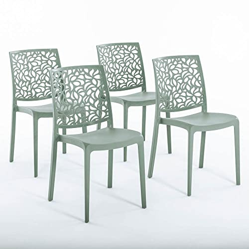 Sillas de resina moderna apilables de polipropileno con fibra de vidrio, para interior, cocina o comedor, exterior y jardín, sillas de restaurante y contract - Anna (4 Sillas, Verde salvia)