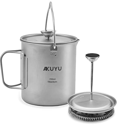 AXUYU 750 ml titankanna/kopp med lock och vikbart handtag fransk press kaffekanna campingmugg med filter multifunktionell utomhus läger kokkärl