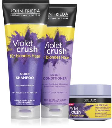 John Frieda Violet Crush Vorteilspack - Intensiv-Silber-Shampoo, Conditioner & Silber Maske je 250 ml - Anti-Gelbstich - Mit Violetten Pigmenten Gegen Orangetöne