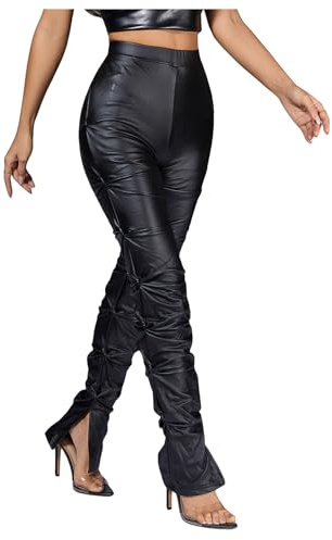 WDIRARA Women's Pu Leather Split Side High Waist Skinny Trousers Twist Side Long Pants Black XS