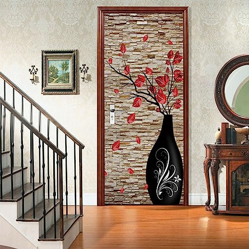 A.Monamour Türtapete Selbstklebend Türfolie Türposter 3D Eine Schwarze Vase Mit Roten Blättern Vor Einer Ziegelwand Abstrakte Moderne Kunst Vinyl Folie Tapete Wandbild Türaufkleber Türtattoo 77x200cm