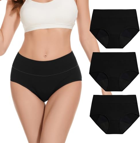 Molasus Washable Incontinence Pants for Women High Absorbency Period Underwear Ladies Menstrual Leakproof Cotton Knickers Postpartum Bladder Control Protective Briefs Black Multipack
