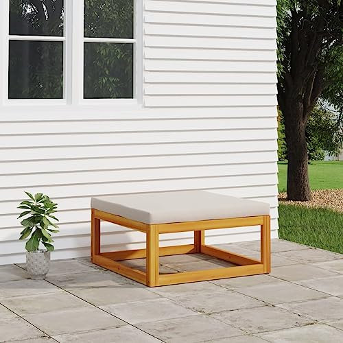 LAPOOH Gartenhocker mit Hellgrauen Kissen Massivholz Akazie, Hocker Outdoor, Gartenmöbel, Sitzhocker, Beistelltisch Outdoor, Blumenhocker, Pflanzen Hocker