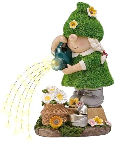 TERESA'S COLLECTIONS Garden Gnome Ornaments with Solar Outdoor Lights for Garden Decor, Lady Gnome Watering Flower Resin Outdoor Christmas Decorations Gifts for Women and Man 7.9