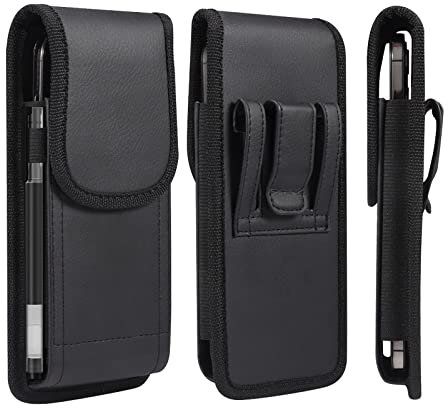 Cell Phone Belt Holder for Men, Cellphone Holster with Belt Clip, 6.9 Vertical Flip Cellphone Pouch PU Leather Belt Loop Holster Handbag with Pen Holder for iPhone 16/15/14/13 Pro Max 8/7 Plus, Black