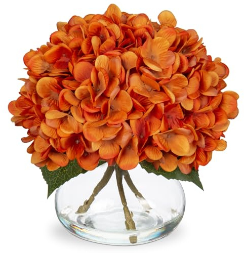 Oairse Autumn Decoartions Fleurs artificielles d'hortensia orange dans un vase en verre avec fausse eau, arrangement de flore d'automne pour maison, bureau, mariage, centre de table, Thanksgiving