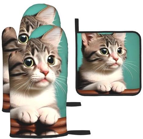 A Curious Cat Ofenhandschuhe und Topflappen, Grillhandschuhe und Halter zum Kochen, Backen (3-teiliges Set)
