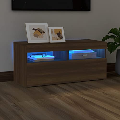 TJROO Mobile Porta TV con Luci LED in Rovere Marrone 90x35x40cm - Mobile Televisore Vetrina con Ante e Led per Salone